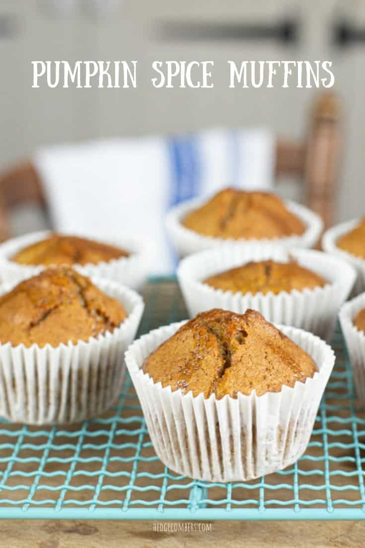 Muffins on a cooling tray with words Pumpkin Spice Muffins