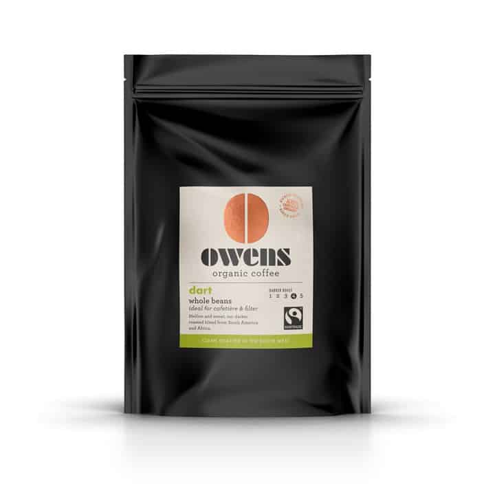 black bag of Owens Organic Coffee against a white background