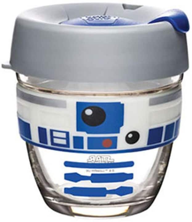 cute R2-D2 glass coffee mug against a white background