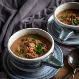 Slow cooker pepperpot stew served in two blue and white serving bowls on plates with a spoon beside them