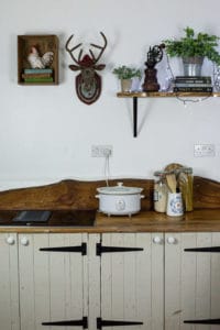 Slow cooker on a kitchen worksurface with stags head and shelving above it