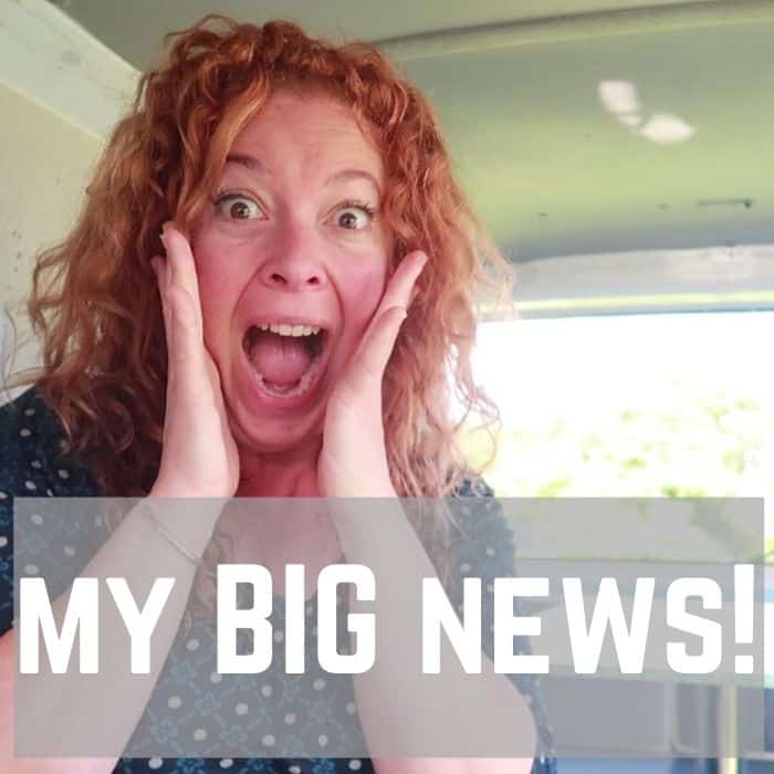 Woman with surprised and excited face with the words 'my big news' 