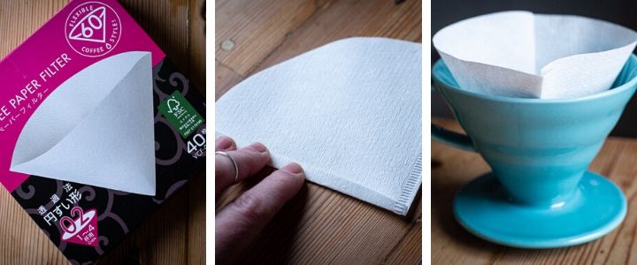 3 images showing how to fold a paper coffee filter for the Hario V60