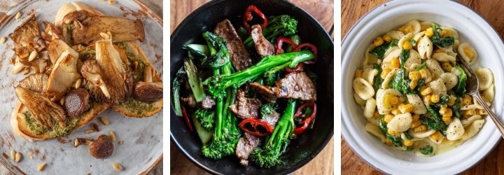 collage of 3 bowls of food all cooked in one pot