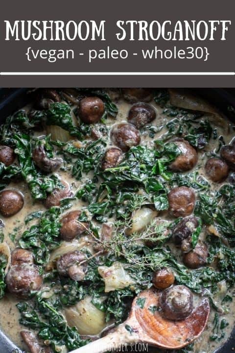 Close up of a creamy mushroom stroganoff with kale