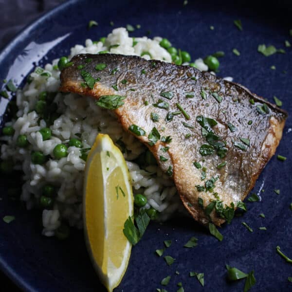 Quick Crispy Sea Bass Risotto with Peas and Lemon The