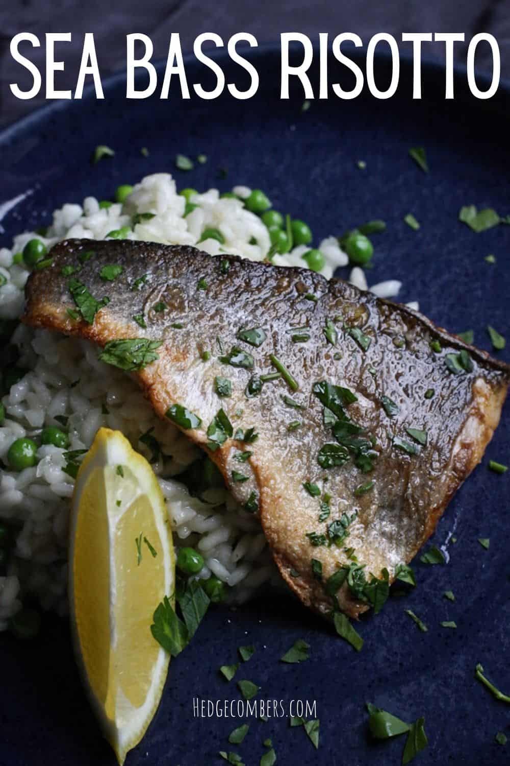 A cooked sea bass fillet on rice and peas in a frying pan