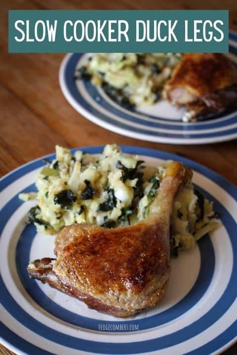 Two stripy plates with slow cooked crispy duck legs and mash