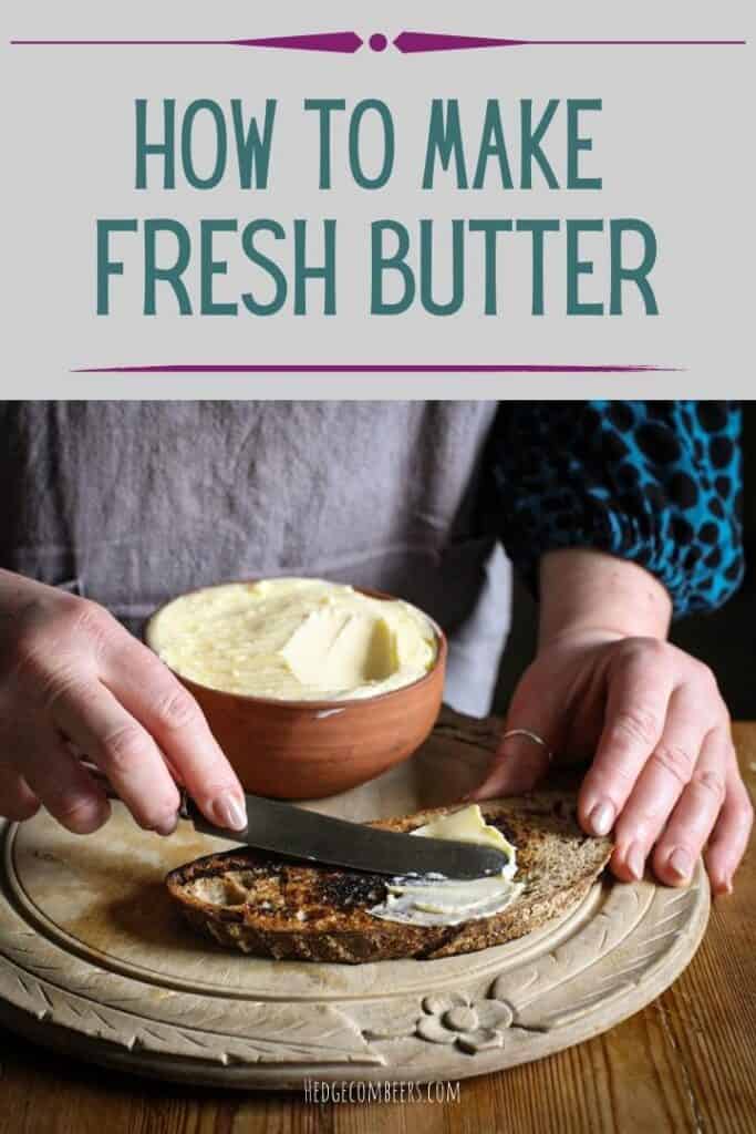 Woman in grey spreading fresh homemade butter onto a pieces of sourdough toast on a wooden chopping board