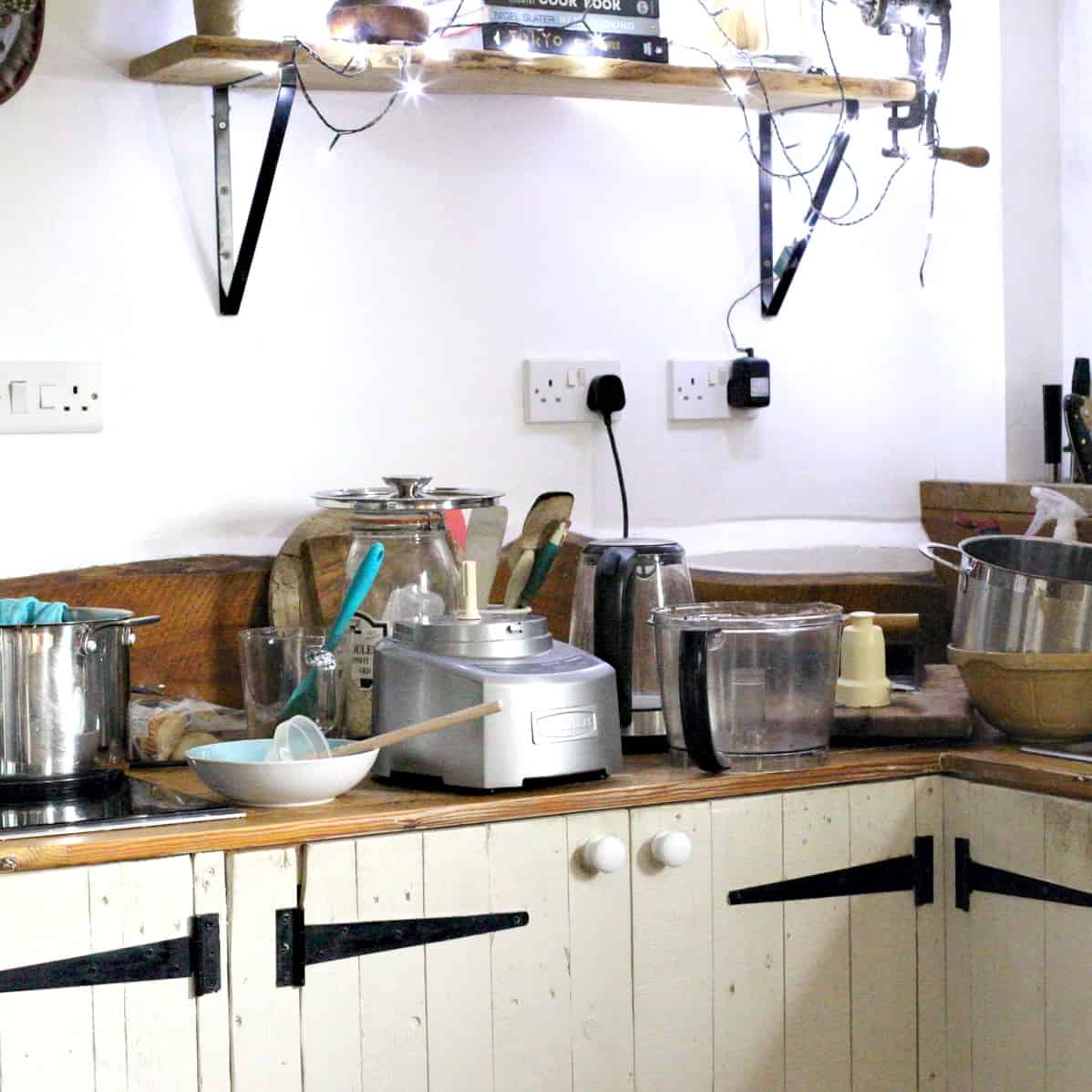 Behind the scenes photo of a very messy kitchen after making a Mrs Beeton’s recipe for rose hip syrup!