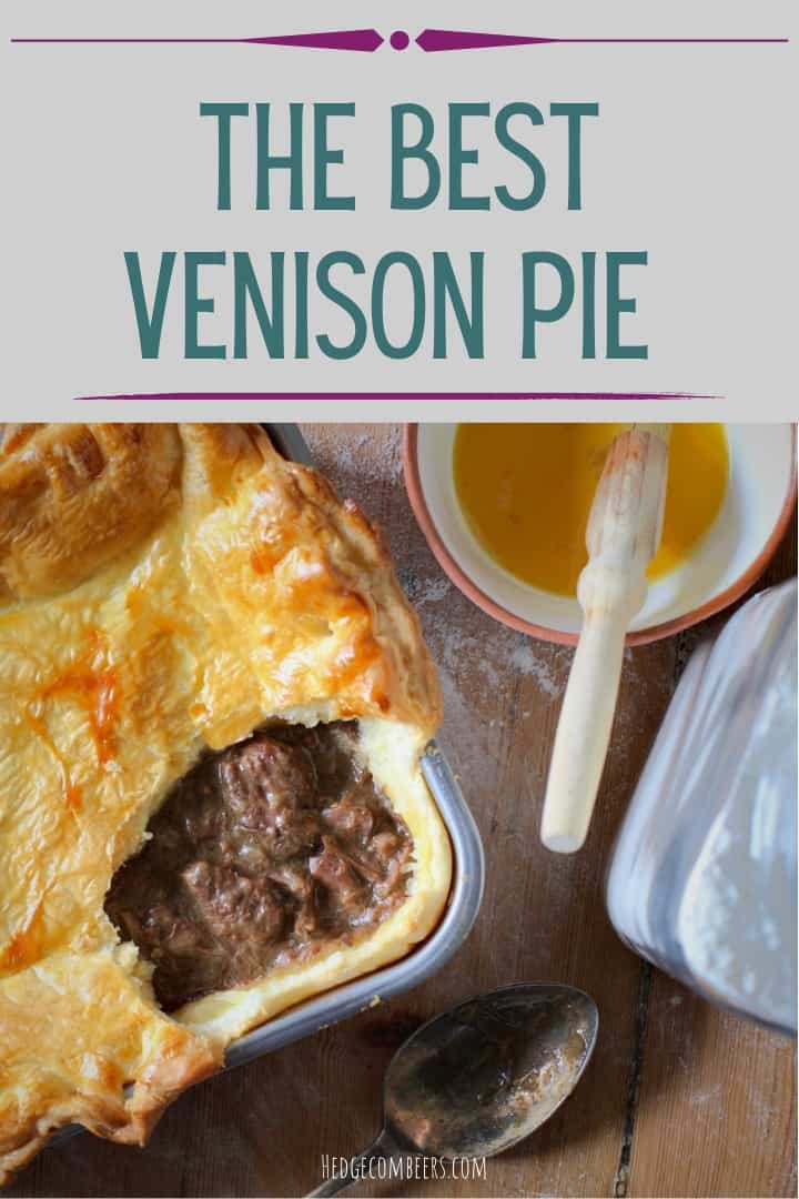 Venison meat pie peeping through a pastry shell with a bowl of beaten eggs and glass jar of flour