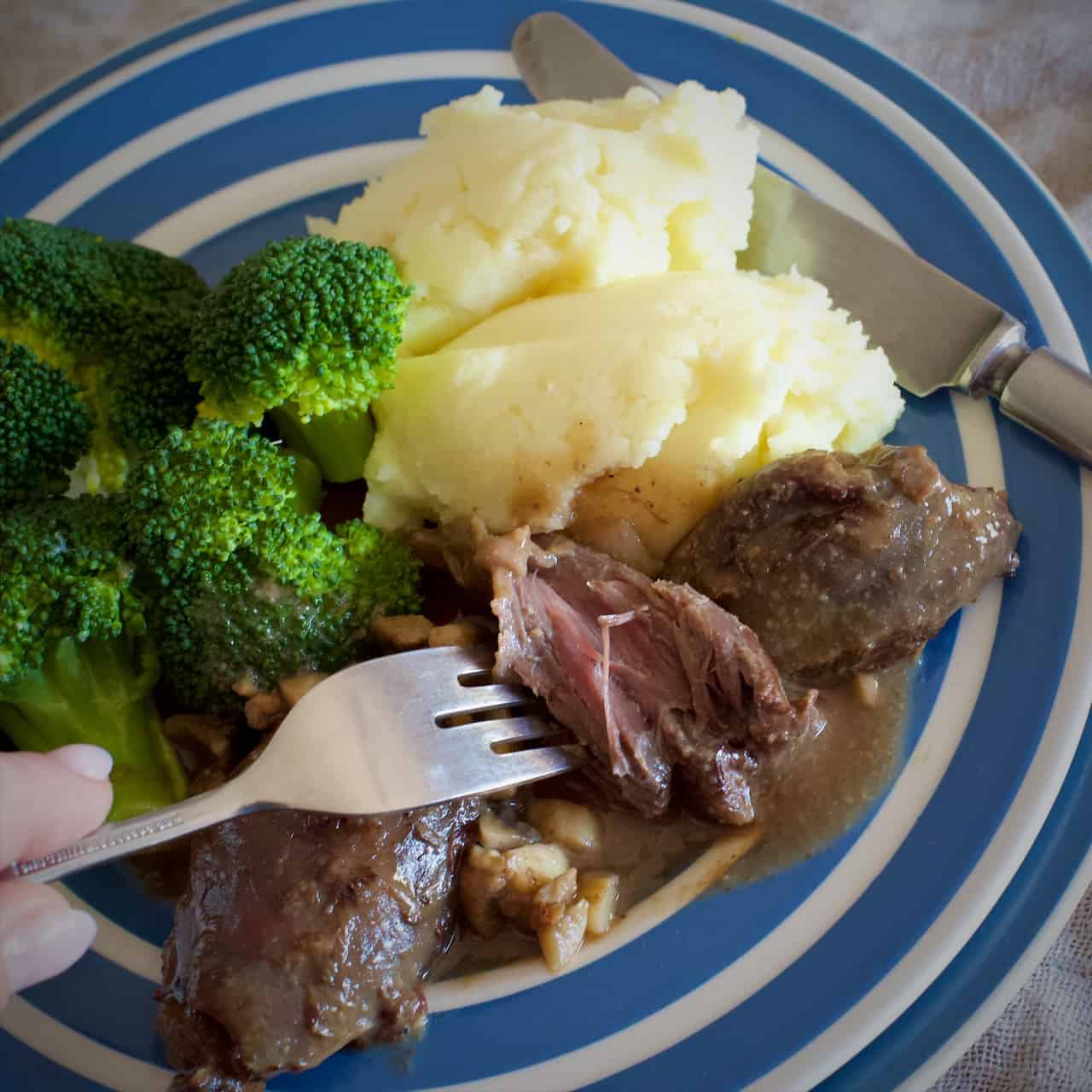 Blue and white striped plate filled with mashed potato, broccoli and fall apart tender venison shank in gravy