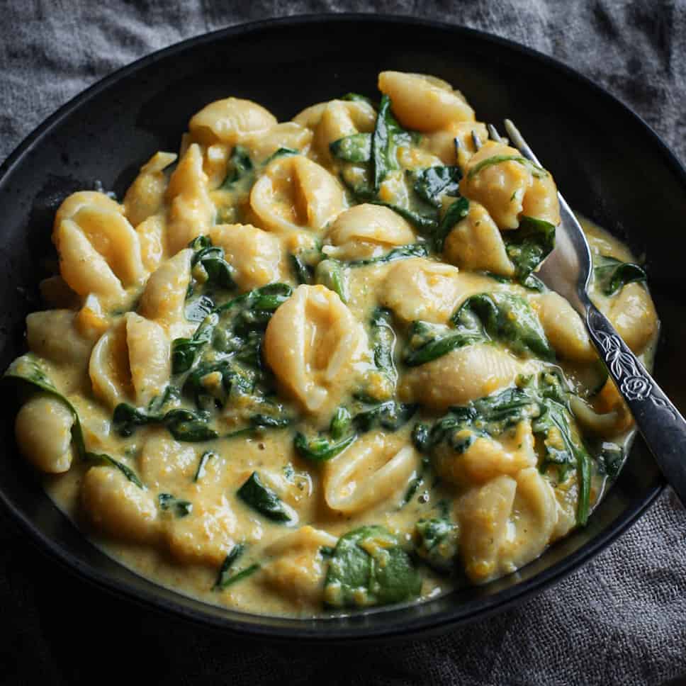 shell pasta in a creamy sauce with green flecks of spinach served in a black bowl