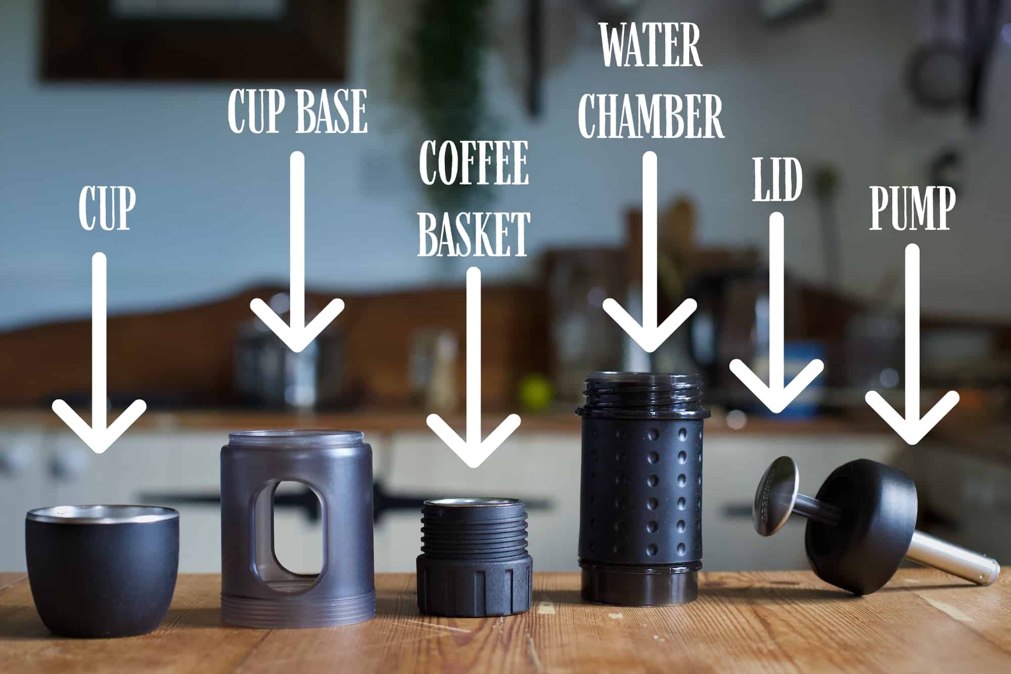 Kitchen counter line up of the pieces that go into a Staresso portable espresso maker